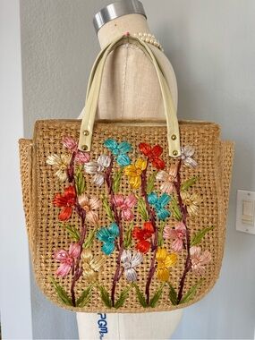 60s Cabana Straw Flower Tote
